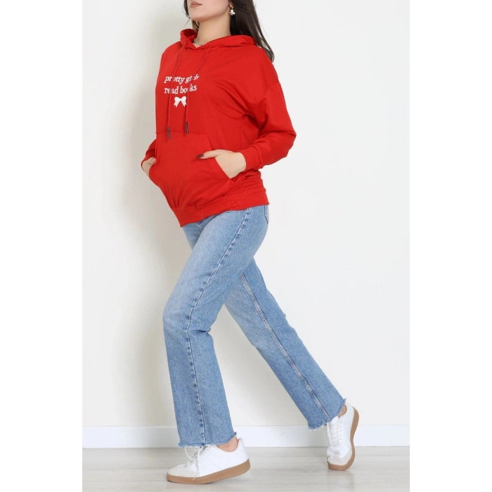 2 İplik Kapşonlu Nakışlı Sweat Kırmızıekru - 42711.1878.