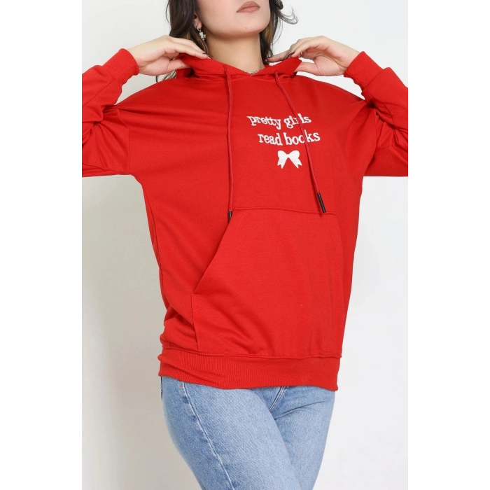 2 İplik Kapşonlu Nakışlı Sweat Kırmızıekru - 42711.1878.