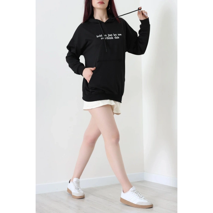 2 İplik Kapşonlu Nakışlı Sweat Siyahekru - 42705.1878.