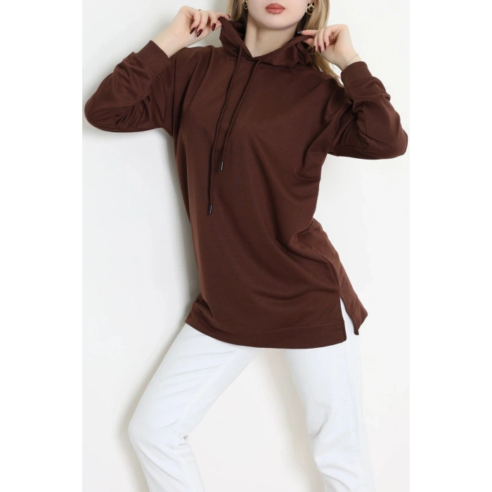 2 İplik Kapşonlu Tunik Sweat Kahve - 42766.1878.