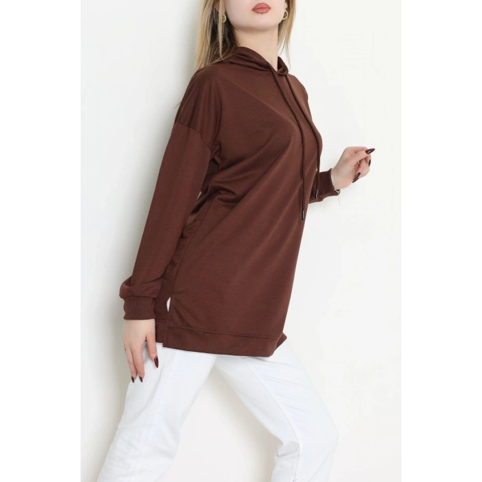 2 İplik Kapşonlu Tunik Sweat Kahve - 42766.1878.