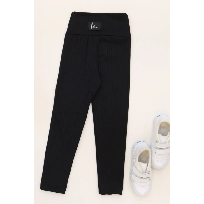 3-12 Yaş Şardonlu Fitilli Çocuk Tayt Siyah - 52089.1780.