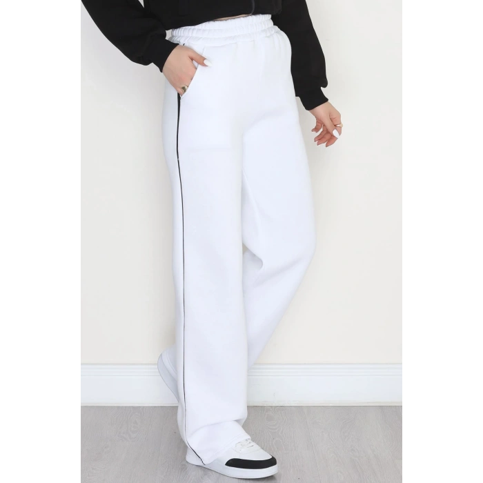 3 İplik Biyeli Palazzo Eşofman Altı Beyaz - 30104.1878.