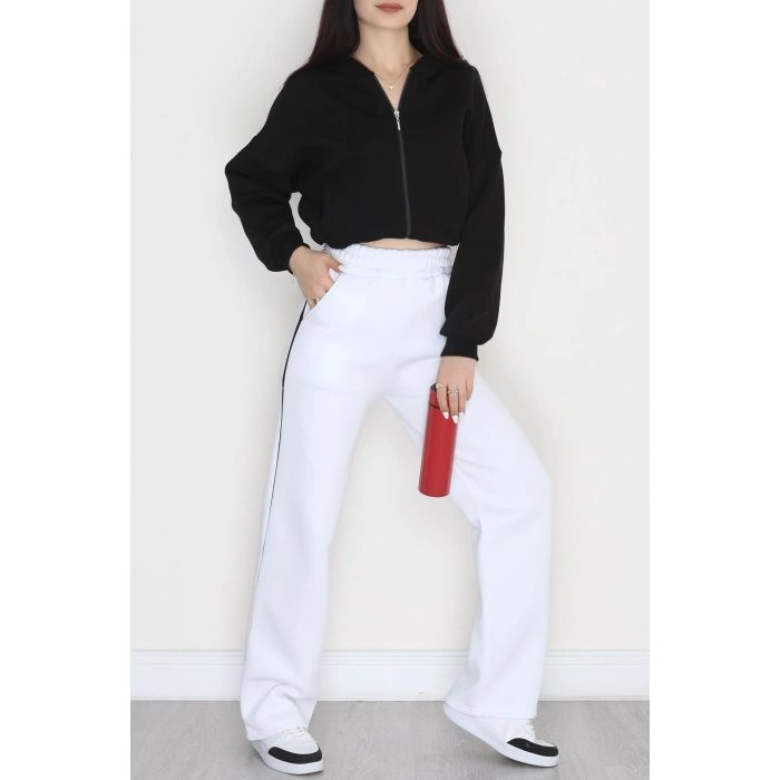 3 İplik Biyeli Palazzo Eşofman Altı Beyaz - 30104.1878.