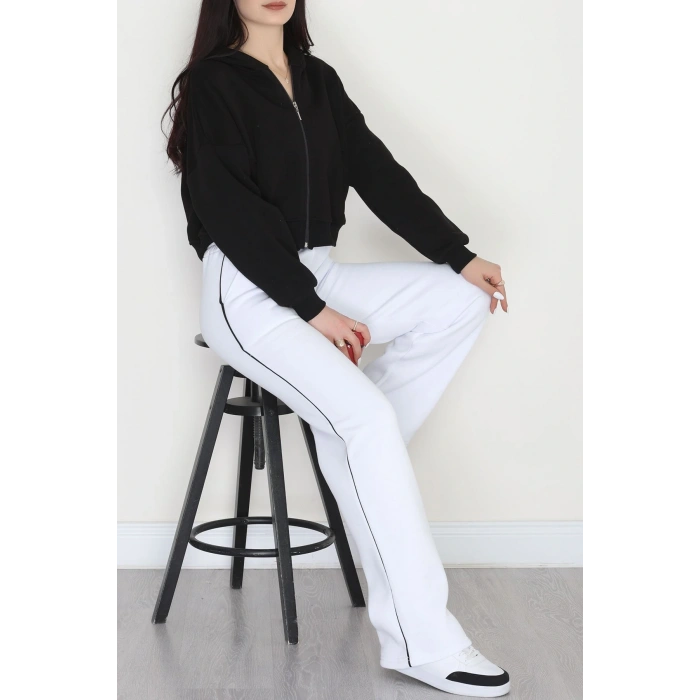 3 İplik Biyeli Palazzo Eşofman Altı Beyaz - 30104.1878.