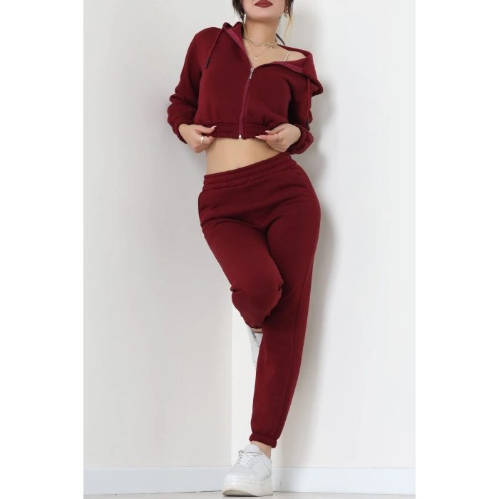 3 İplik Crop Eşofman Takımı Bordo - 50913.1878.