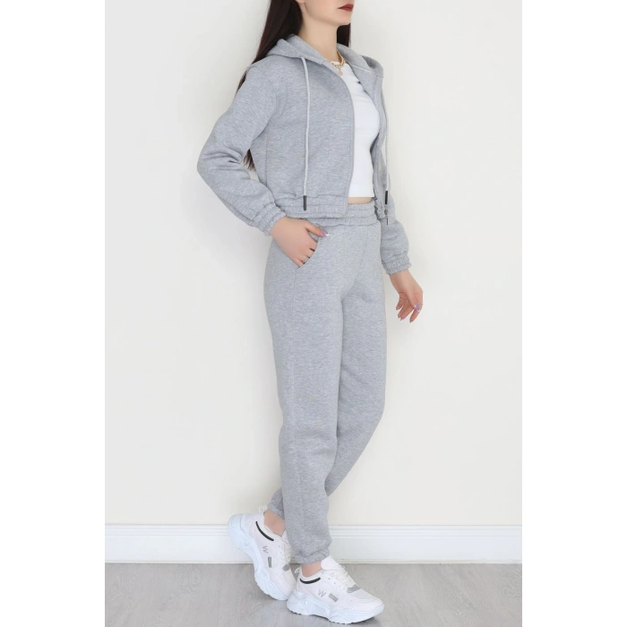 3 İplik Crop Eşofman Takımı Gri - 50913.1878.