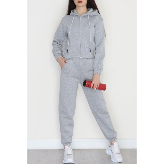 3 İplik Crop Eşofman Takımı Gri - 50913.1878.