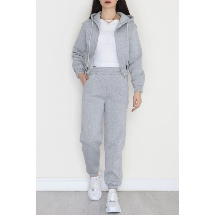 3 İplik Crop Eşofman Takımı Gri - 50913.1878.