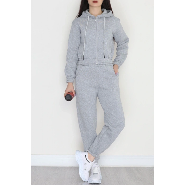 3 İplik Crop Eşofman Takımı Gri - 50913.1878.