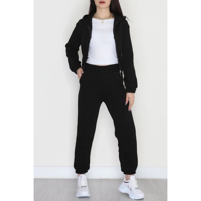 3 İplik Crop Eşofman Takımı Siyah - 50913.1878.