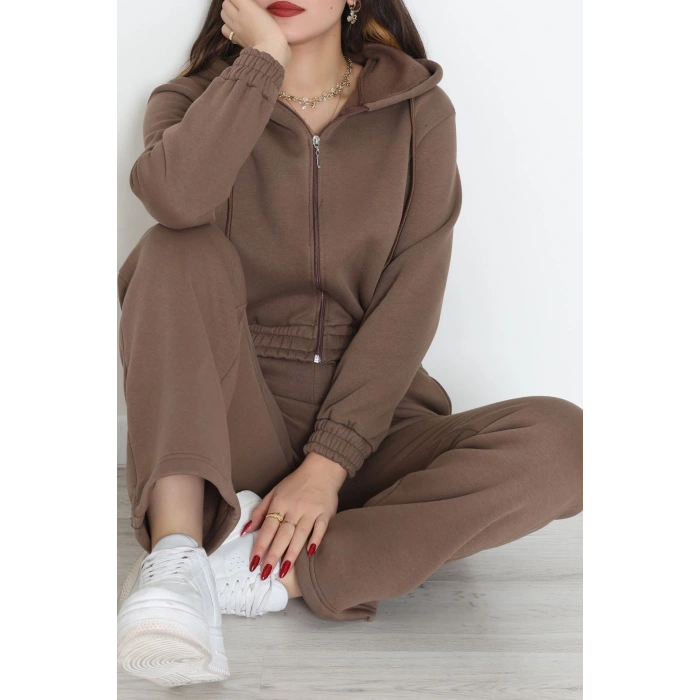 3 İplik Crop Palazzo Eşofman Takımı Açıkkahve - 50914.1878.