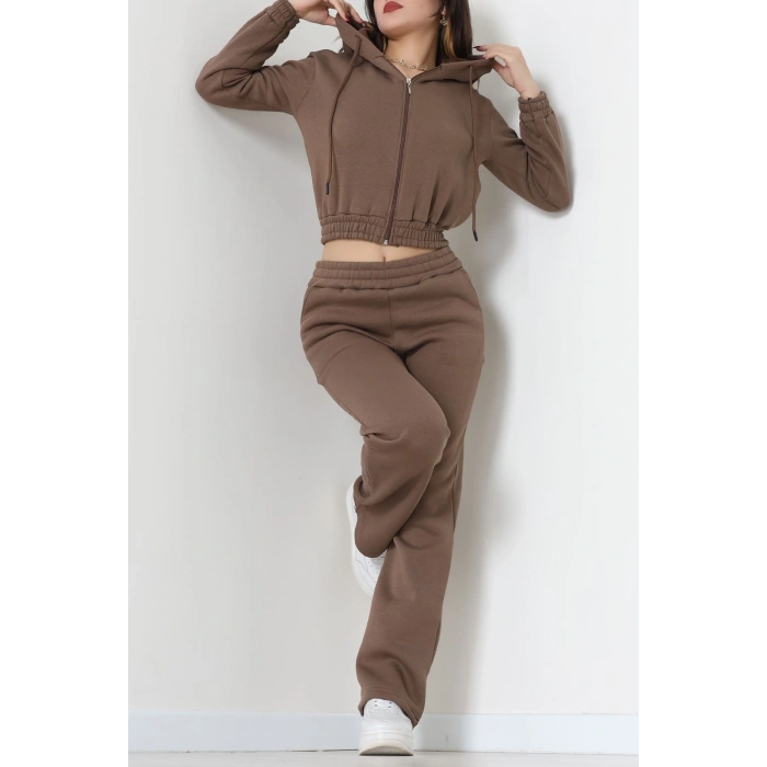 3 İplik Crop Palazzo Eşofman Takımı Açıkkahve - 50914.1878.