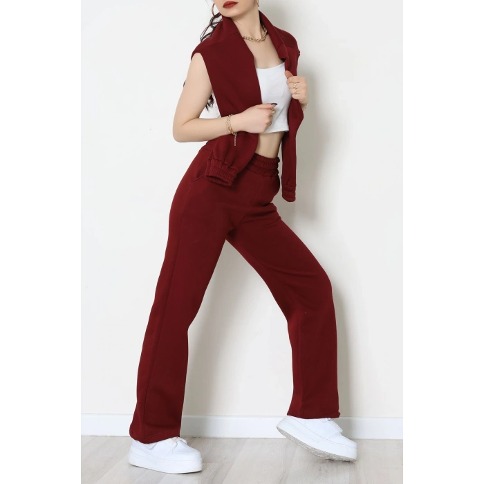 3 İplik Crop Palazzo Eşofman Takımı Bordo - 50914.1878.