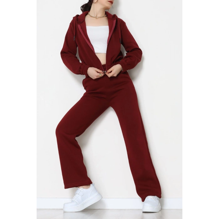 3 İplik Crop Palazzo Eşofman Takımı Bordo - 50914.1878.