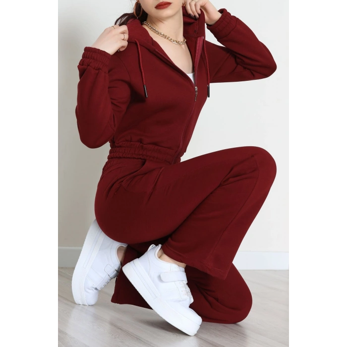 3 İplik Crop Palazzo Eşofman Takımı Bordo - 50914.1878.