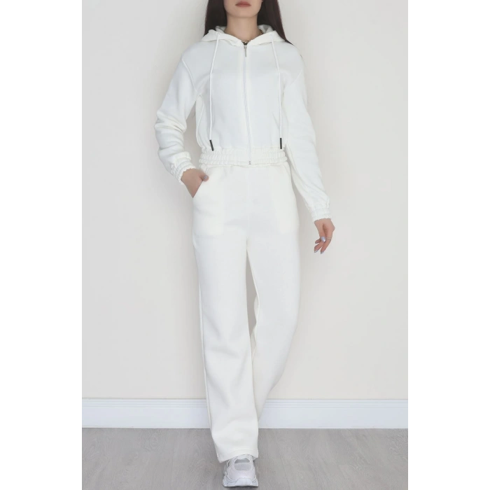 3 İplik Crop Palazzo Eşofman Takımı Ekru - 50914.1878.