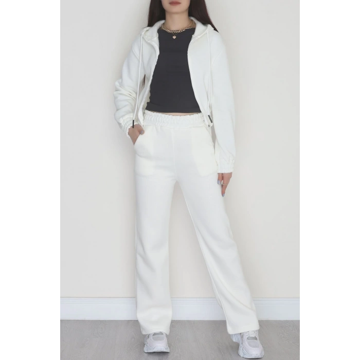 3 İplik Crop Palazzo Eşofman Takımı Ekru - 50914.1878.