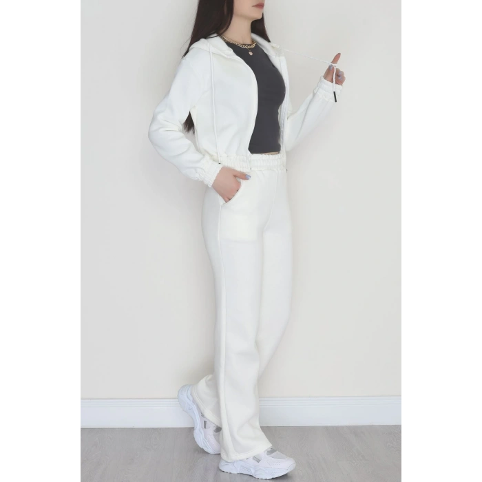 3 İplik Crop Palazzo Eşofman Takımı Ekru - 50914.1878.