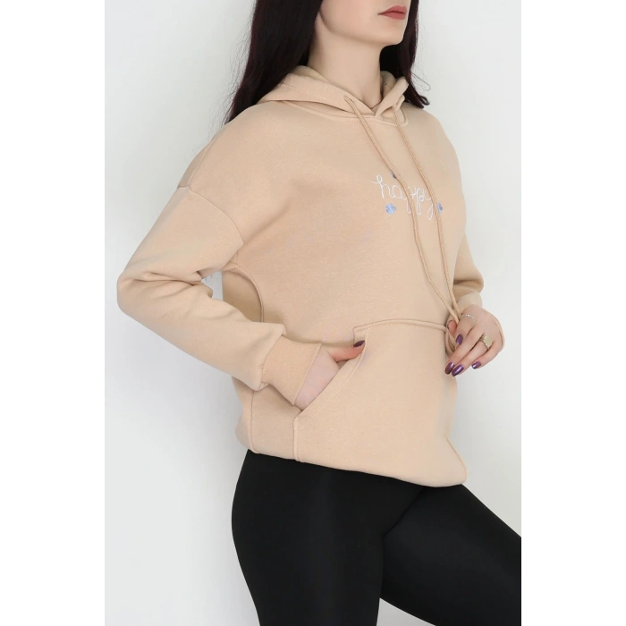 3 İplik Kanguru Cepli Kapşonlu Sweat Bej - 52100.1878.