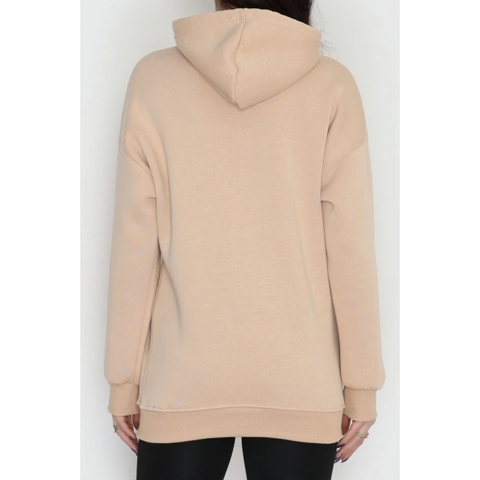 3 İplik Kanguru Cepli Kapşonlu Sweat Bej - 52100.1878.