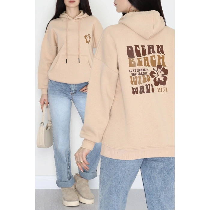 3 İplik Kanguru Cepli Kapşonlu Sweat Bejkahve - 42247.1878.