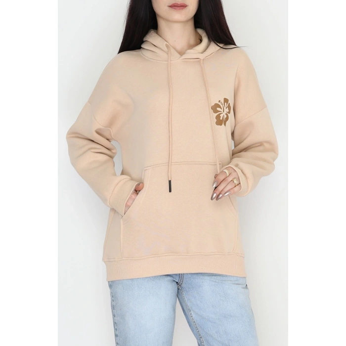 3 İplik Kanguru Cepli Kapşonlu Sweat Bejkahve - 42247.1878.