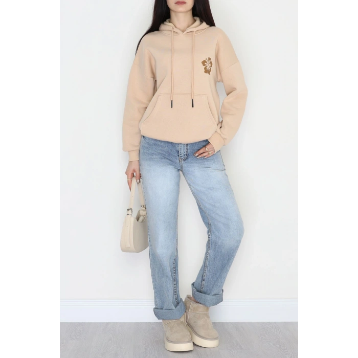 3 İplik Kanguru Cepli Kapşonlu Sweat Bejkahve - 42247.1878.