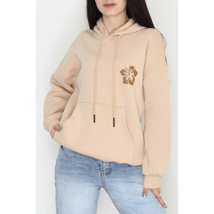 3 İplik Kanguru Cepli Kapşonlu Sweat Bejkahve - 42247.1878.