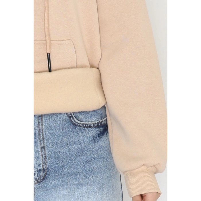 3 İplik Kanguru Cepli Kapşonlu Sweat Bejkahve - 42247.1878.