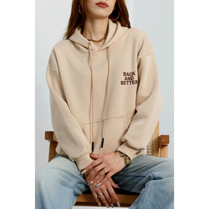 3 İplik Kanguru Cepli Kapşonlu Sweat Bejkahve - 42257.1878.