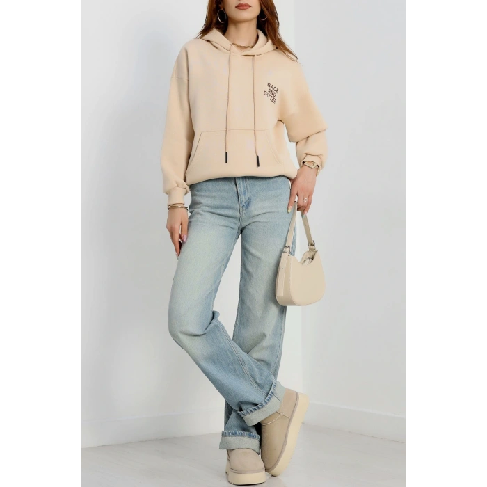 3 İplik Kanguru Cepli Kapşonlu Sweat Bejkahve - 42257.1878.