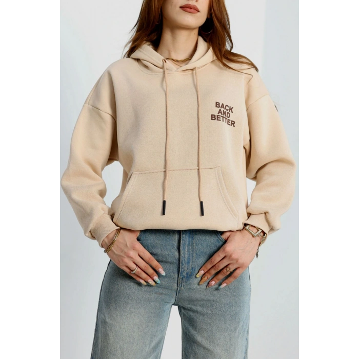 3 İplik Kanguru Cepli Kapşonlu Sweat Bejkahve - 42257.1878.