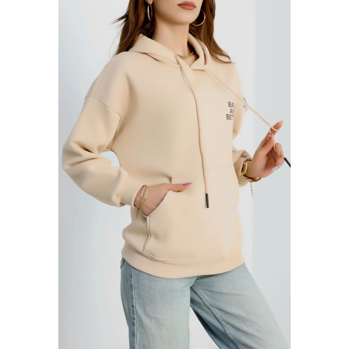 3 İplik Kanguru Cepli Kapşonlu Sweat Bejkahve - 42257.1878.