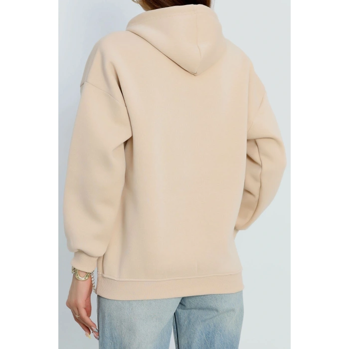 3 İplik Kanguru Cepli Kapşonlu Sweat Bejkahve - 42257.1878.