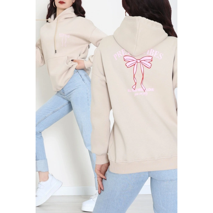 3 İplik Kanguru Cepli Kapşonlu Sweat Bejpembe - 42255.1878.