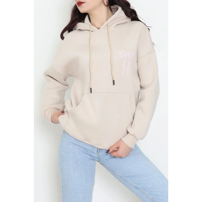 3 İplik Kanguru Cepli Kapşonlu Sweat Bejpembe - 42255.1878.