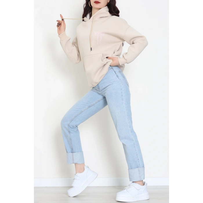 3 İplik Kanguru Cepli Kapşonlu Sweat Bejpembe - 42255.1878.