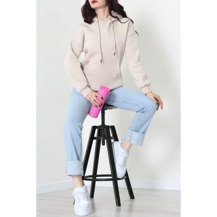 3 İplik Kanguru Cepli Kapşonlu Sweat Bejpembe - 42255.1878.