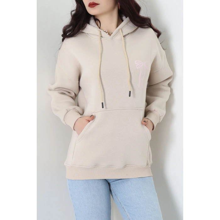 3 İplik Kanguru Cepli Kapşonlu Sweat Bejpembe - 42255.1878.