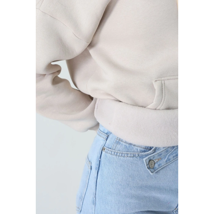 3 İplik Kanguru Cepli Kapşonlu Sweat Bejpembe - 42255.1878.