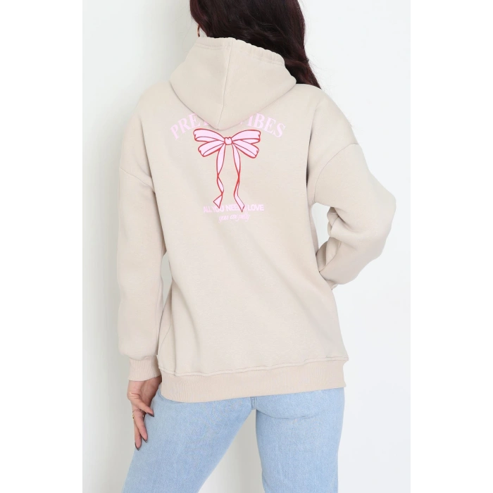 3 İplik Kanguru Cepli Kapşonlu Sweat Bejpembe - 42255.1878.