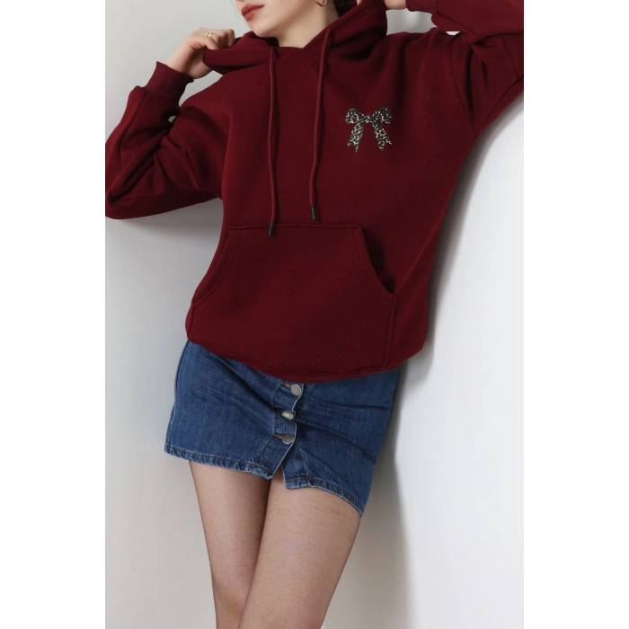 3 İplik Kanguru Cepli Kapşonlu Sweat Bordo - 42251.1878.