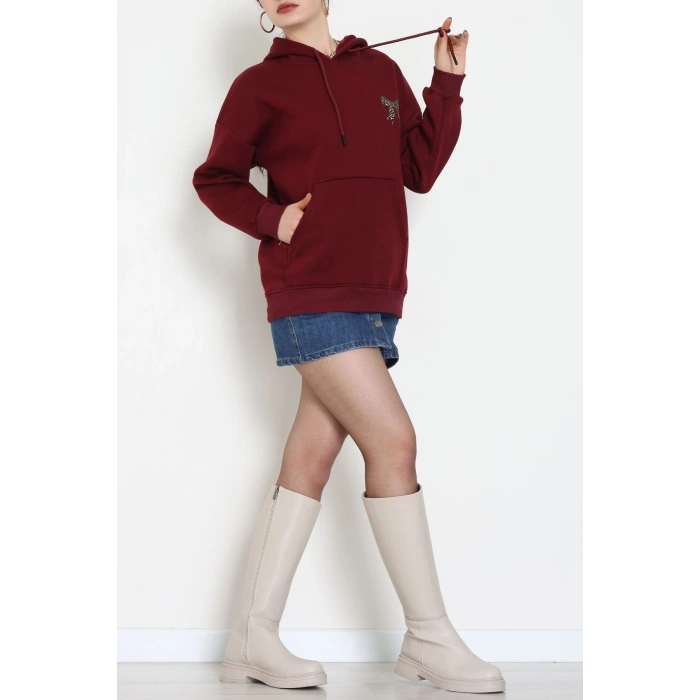 3 İplik Kanguru Cepli Kapşonlu Sweat Bordo - 42251.1878.