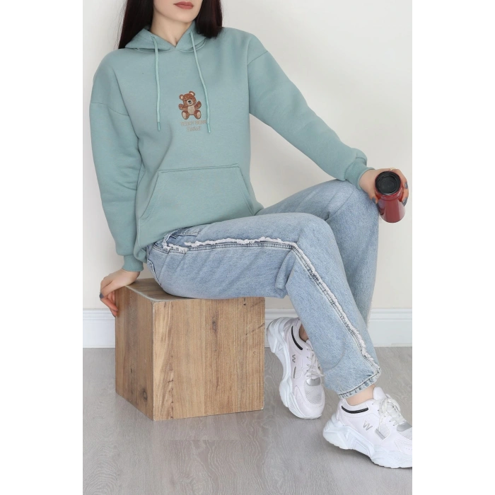 3 İplik Kanguru Cepli Kapşonlu Sweat Mint - 42254.1878.