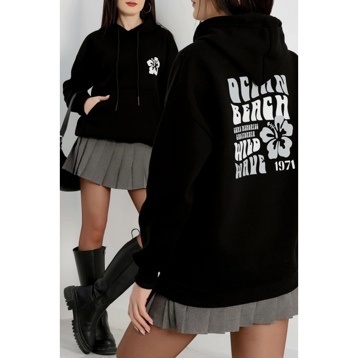 3 İplik Kanguru Cepli Kapşonlu Sweat Siyahekru - 42247.1878.