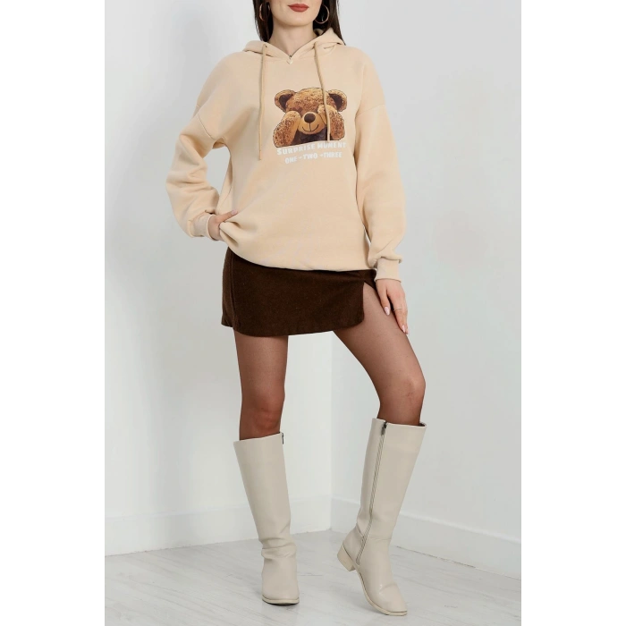 3 İplik Kapşonlu Baskılı Sweat Bej - 42220.1878.