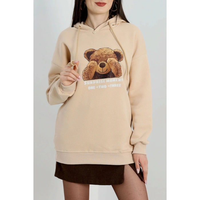 3 İplik Kapşonlu Baskılı Sweat Bej - 42220.1878.