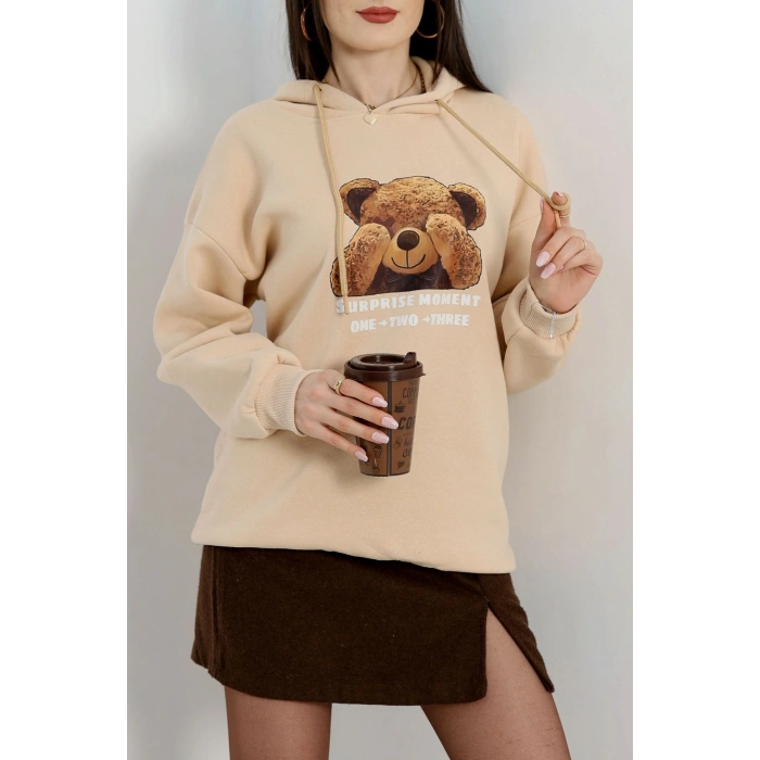 3 İplik Kapşonlu Baskılı Sweat Bej - 42220.1878.