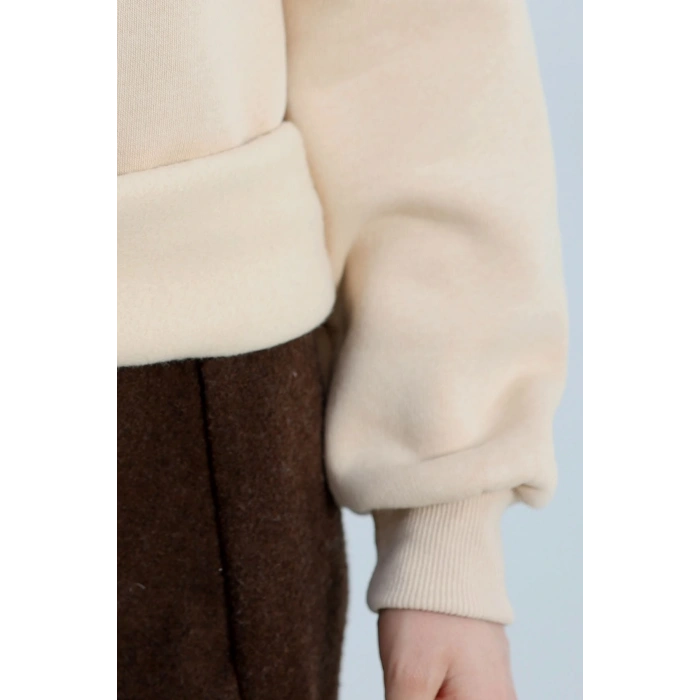 3 İplik Kapşonlu Baskılı Sweat Bej - 42220.1878.